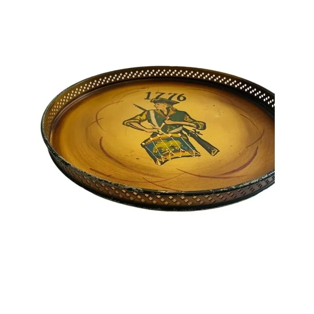 1776 Round Serving Tray Metal Painted Vintage